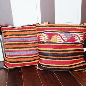 Handwoven Striped Kilim Throw Pillow Pair - Red, Orange, Black